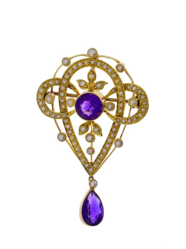 2 in 1 Anhänger / Brosche – Gelbgold mit Amethyst und Perlen