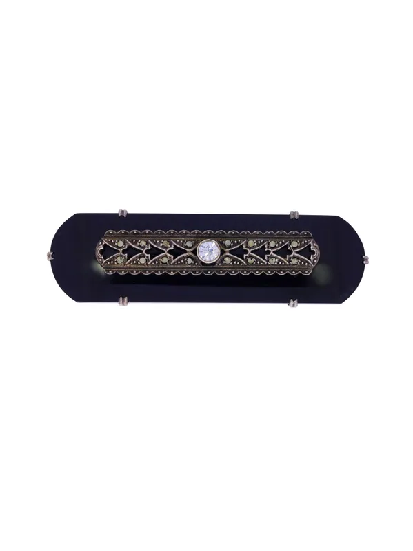 Brosche – Silber mit Onyx, Markasiten und Kristall