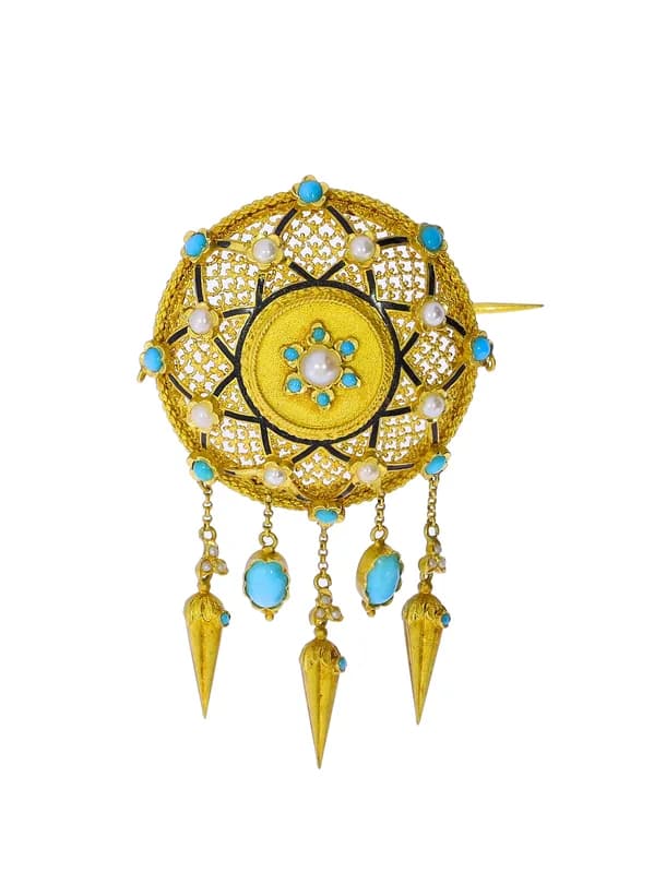 Brosche – Gelbgold mit Emaille, Türkisen und Perlen