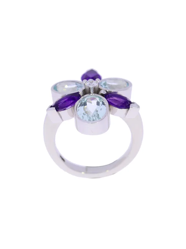 Damenring – Weissgold mit Amethysten, Aquamarinen und Diamant