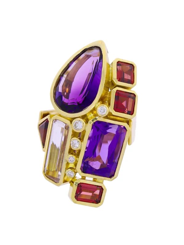 Damenring – Gelbgold mit Halbedelsteinen und Diamanten