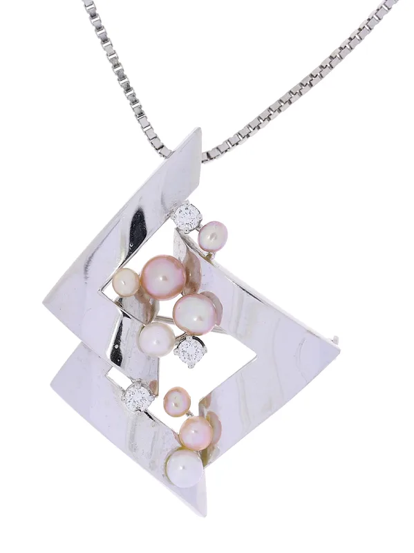 Halskette mit 2 in 1 Anhänger/ Brosche – Weissgold mit Perlen und Diamanten