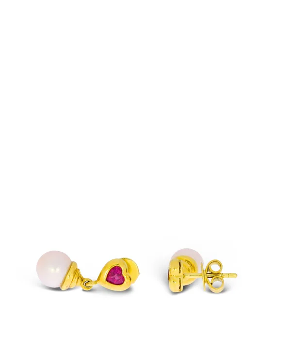 Ohrstecker – Gelbgold mit Akoya-Perle und Rubin