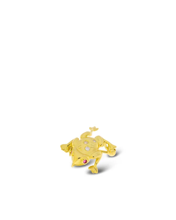 2 in 1 Brosche/ Anhänger - "Frosch" Gelbgold mit Diamanten und Rubinen
