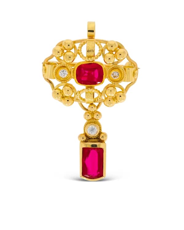 2 in 1 Brosche/Anhänger – Gelbgold mit Rubinen und Diamanten
