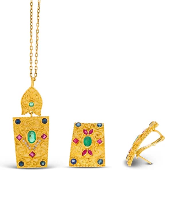Set – Anhänger und Ohrstecker Gelbgold mit Edelsteinen
