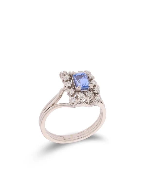 Damenring - Weissgold mit hellblauem Stein und Diamanten