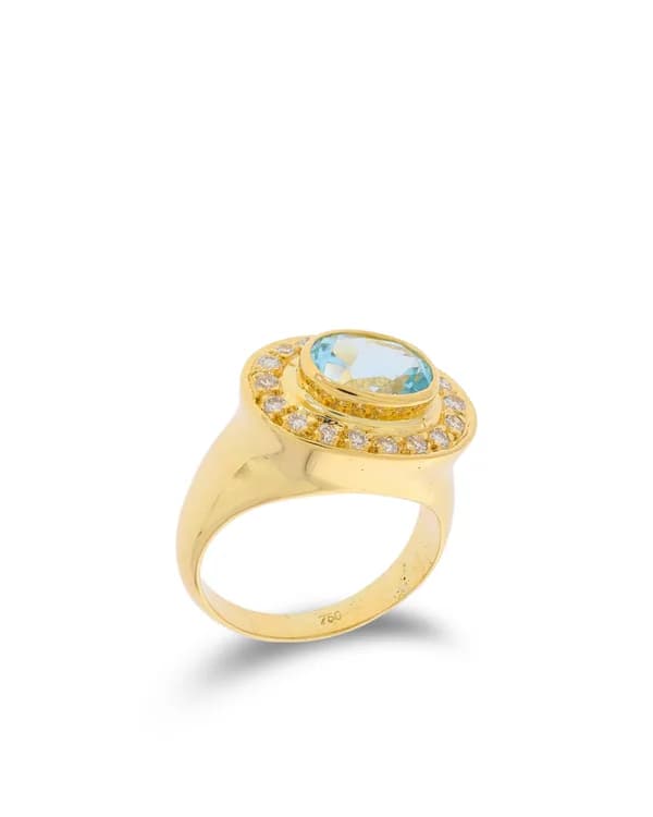 Bague pour dame - or jaune avec aigue-marine et brillants 0.18ct