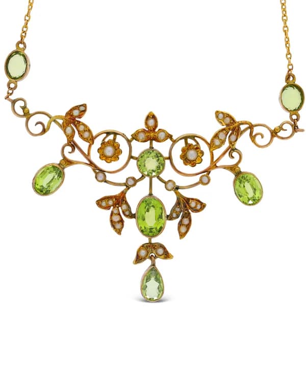 Halskette – Jugendstil aus Gelbgold mit Peridoten und Perlen