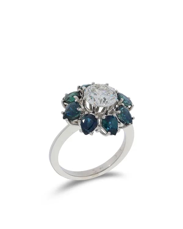 Damenring – Weissgold mit Diamant 1.9ct und Saphiren