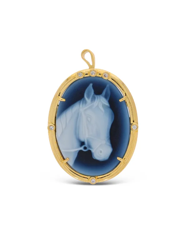 Brosche/ Anhänger - Gelbgold blaue Gemme Pferdmotiv