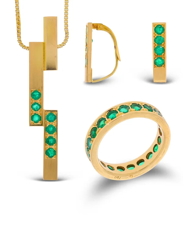 Set – Ring, Ohrhänger, Anhänger mit Halskette Gelbgold mit Smaragden