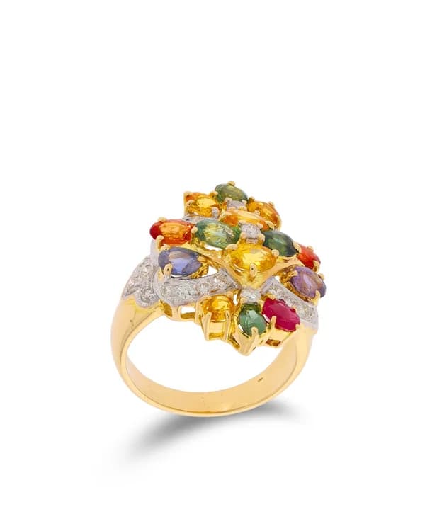 Damenring – Gelbgold mit Saphiren, Rubin und Diamanten