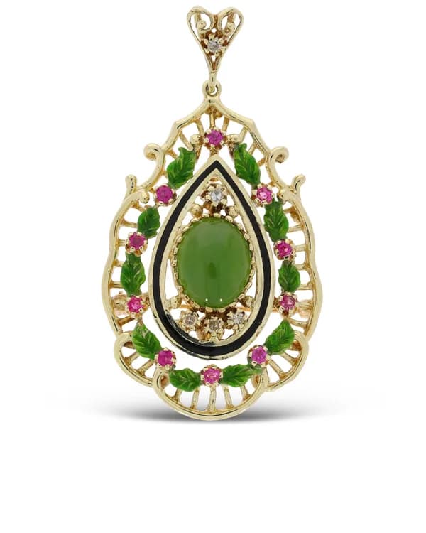 Anhänger/ Brosche 2 in 1 - Gelbgold mit Jade, Rubinen und Diamanten