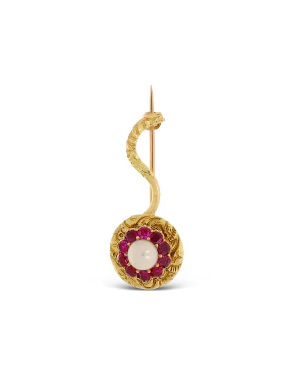 Brosche - Gelbgold mit Perle und Rubinen