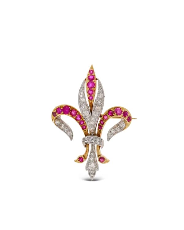 Antike Brosche - Fleur-de-Lis mit Diamanten und Rubinen