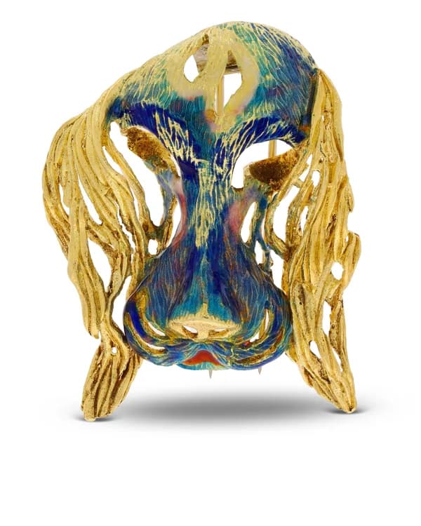 Brosche – Hundekopf Gelbgold, emailliert