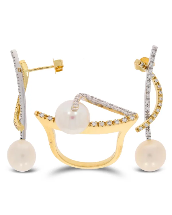 Set – Ring und Ohrhänger KURZ bicolor mit Diamanten