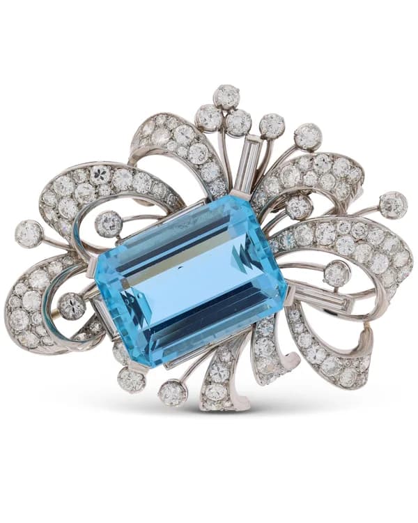 Antike Brosche – Weissgold mit Aquamarin und Diamanten
