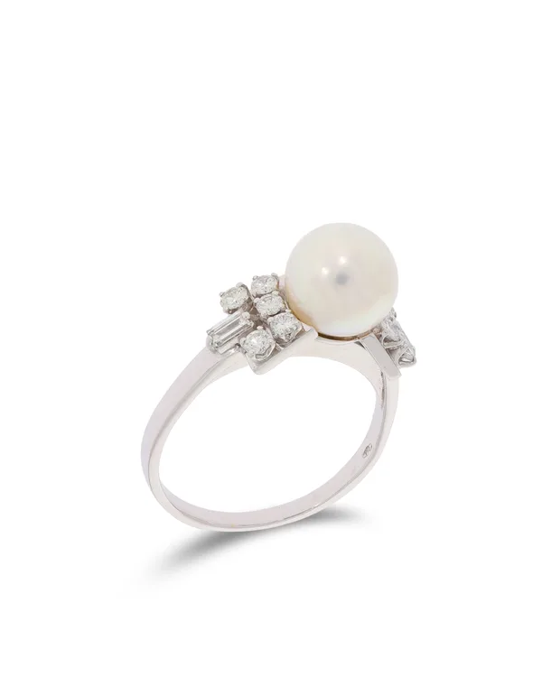 Damenring - Weissgold mit Perle und Diamanten