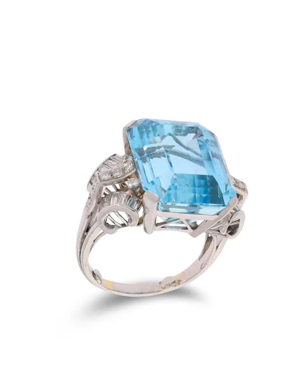 Damenring - Platin mit Aquamarin (fine Quality) und Diamanten