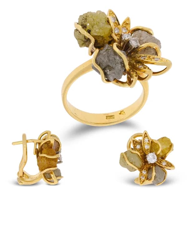 Ring und Ohrclips - Gelbgold mit Diamanten