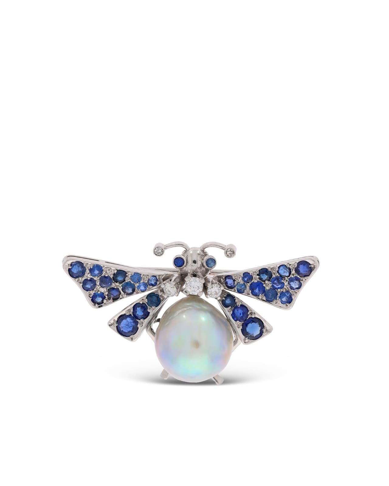Brosche - "Schmetterling" Weissgold mit Barock-Perle, Saphiren und Diamanten