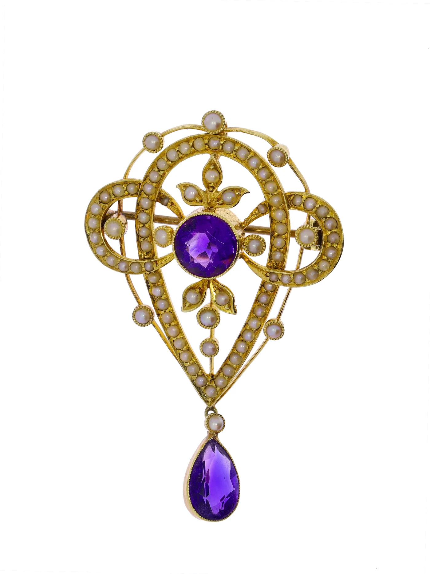 2 in 1 Anhänger / Brosche – Gelbgold mit Amethyst und Perlen