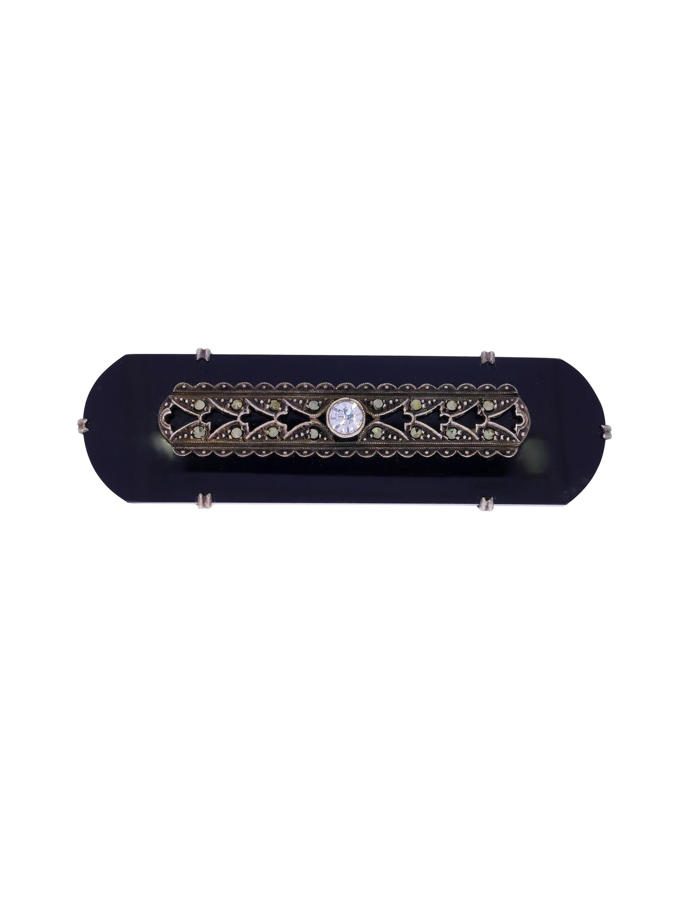 Brosche – Silber mit Onyx, Markasiten und Kristall
