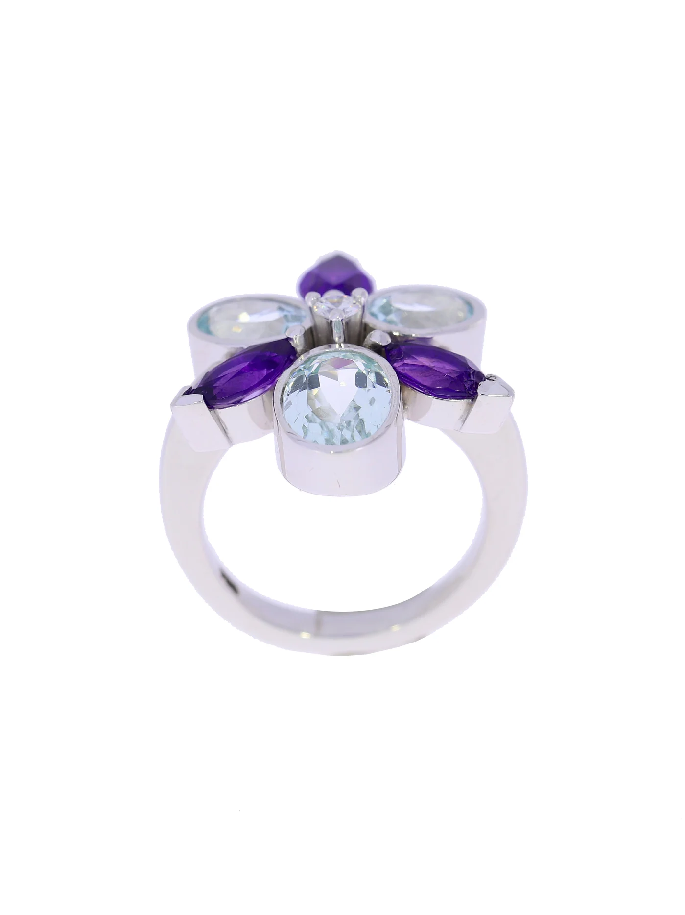Damenring – Weissgold mit Amethysten, Aquamarinen und Diamant