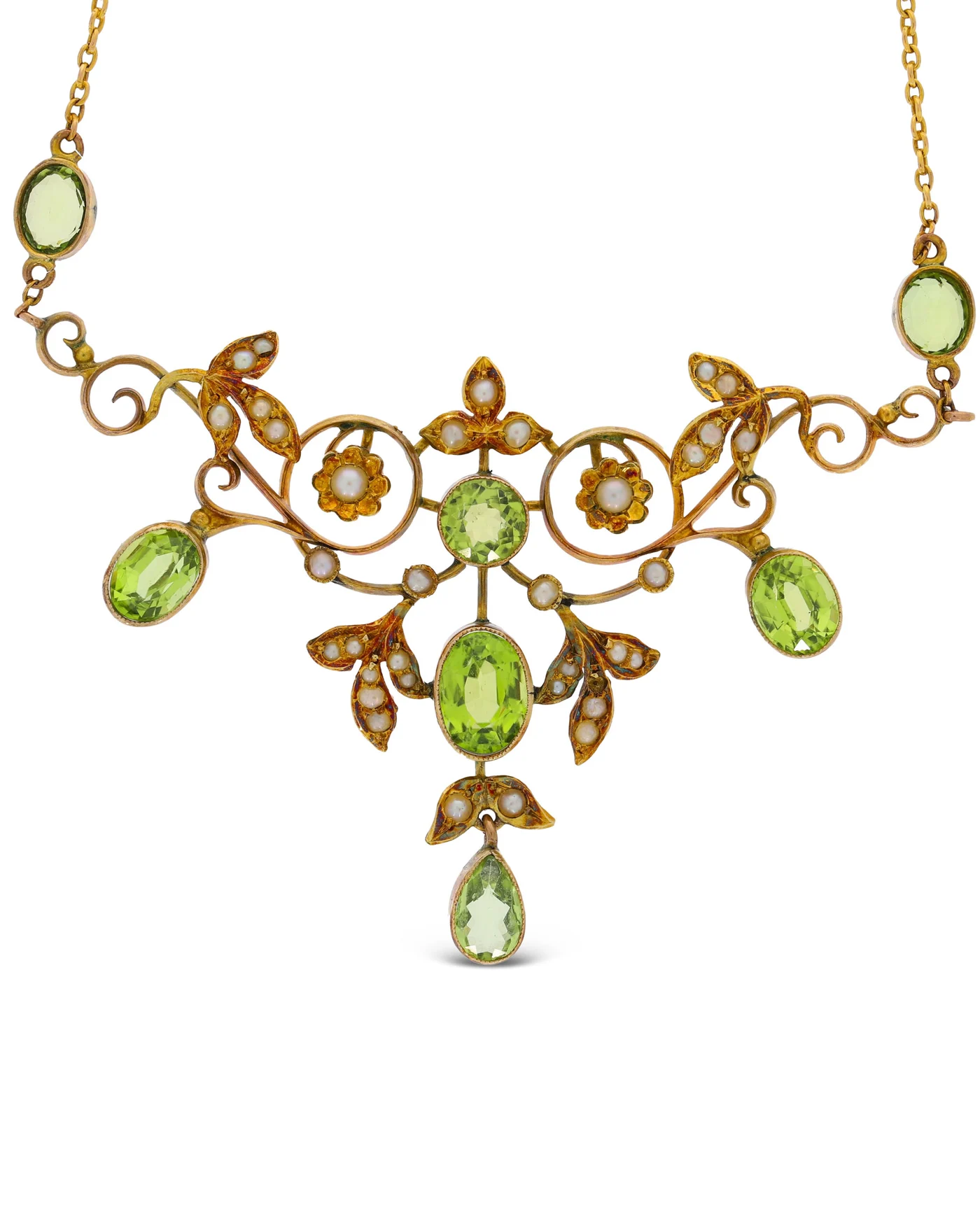 Halskette – Jugendstil aus Gelbgold mit Peridoten und Perlen