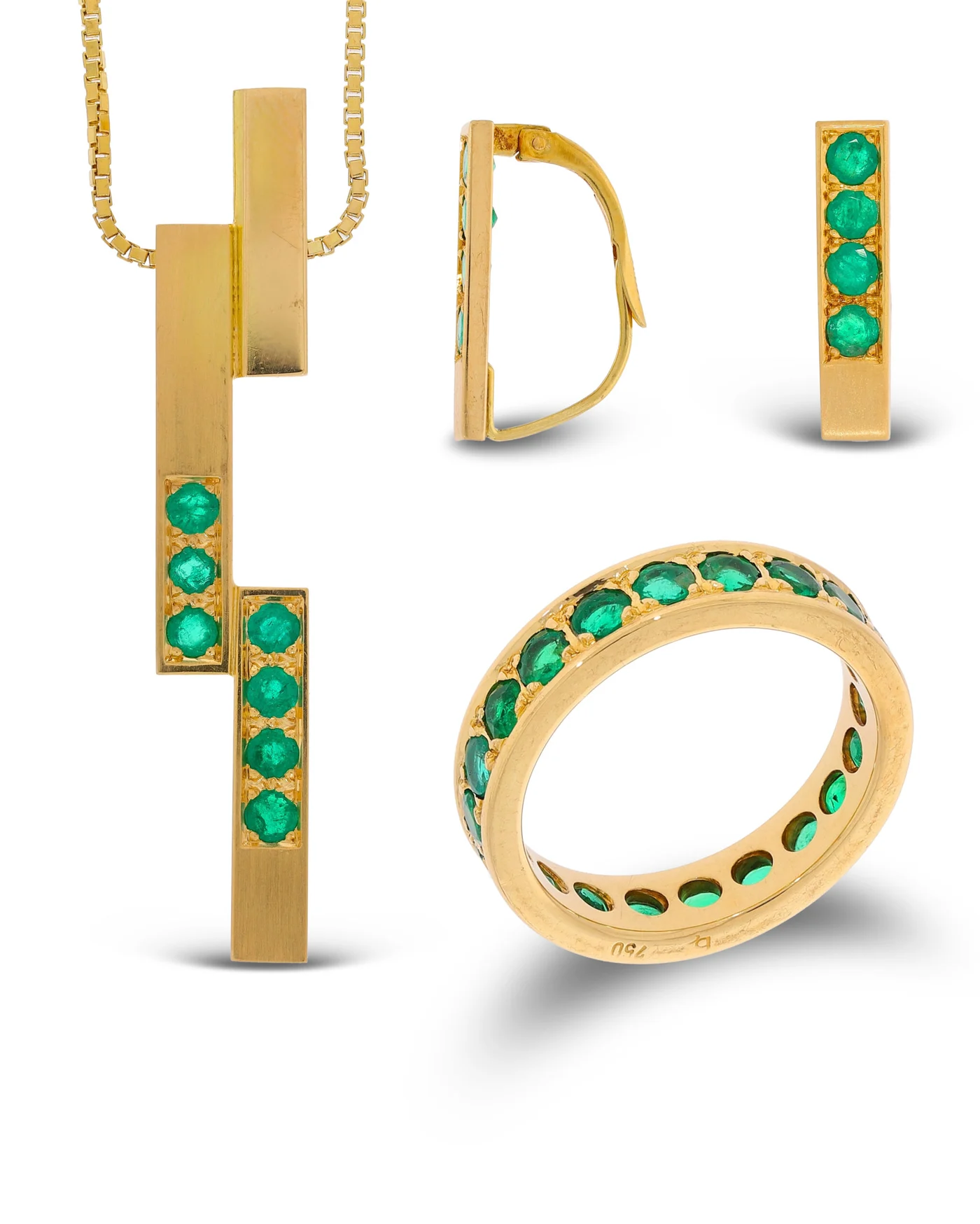 Set – Ring, Ohrhänger, Anhänger mit Halskette Gelbgold mit Smaragden
