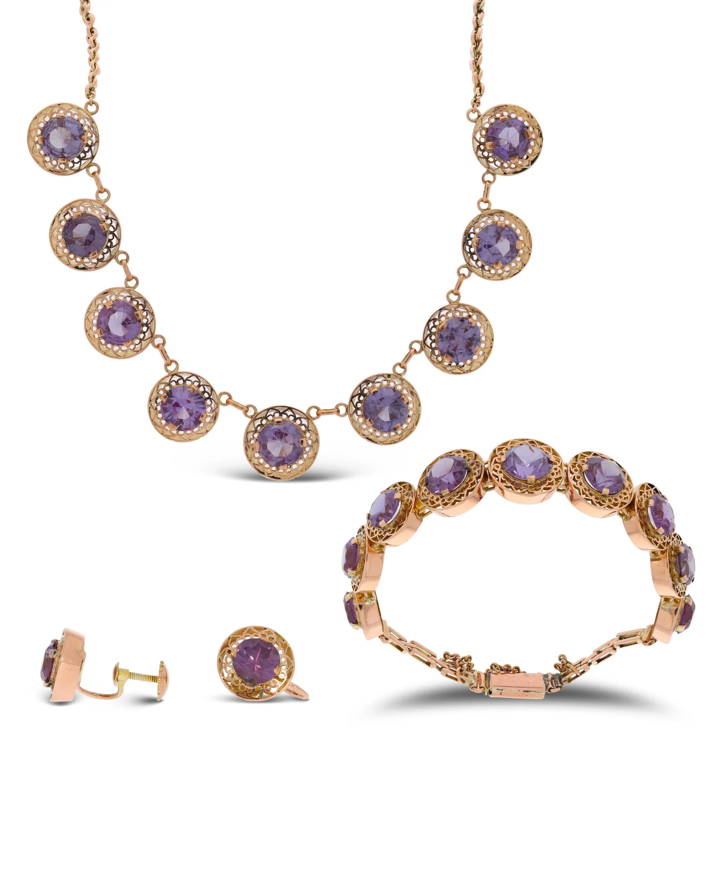 Parure en collier, bracelet et puces d’oreilles avec améthyste