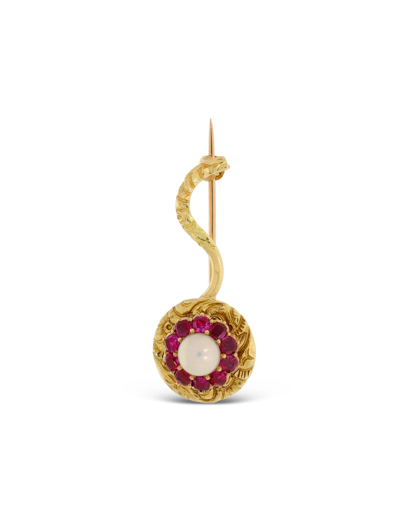 Brosche - Gelbgold mit Perle und Rubinen