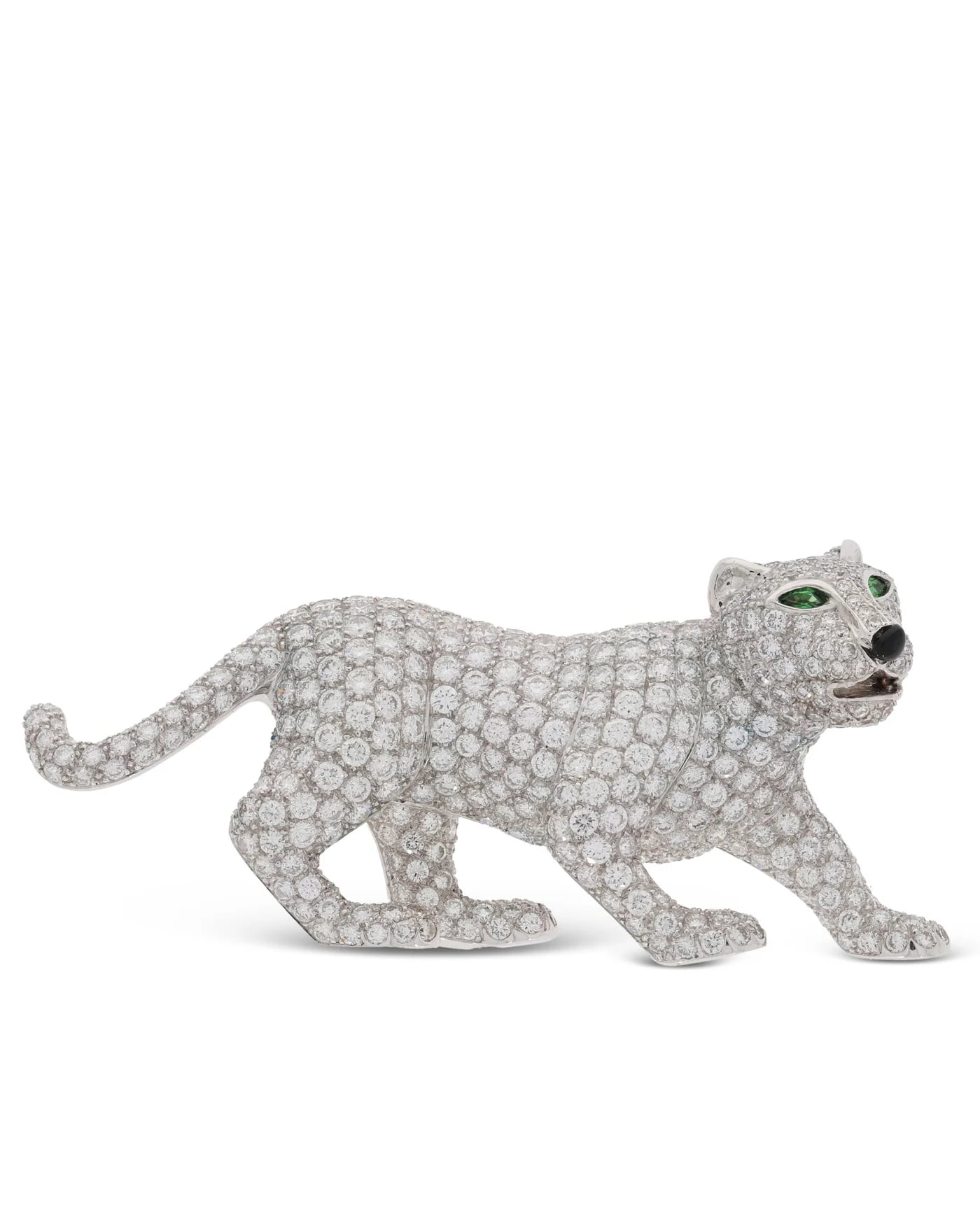 Brosche – „Panther“ Weissgold mit Diamanten und Tsavorit