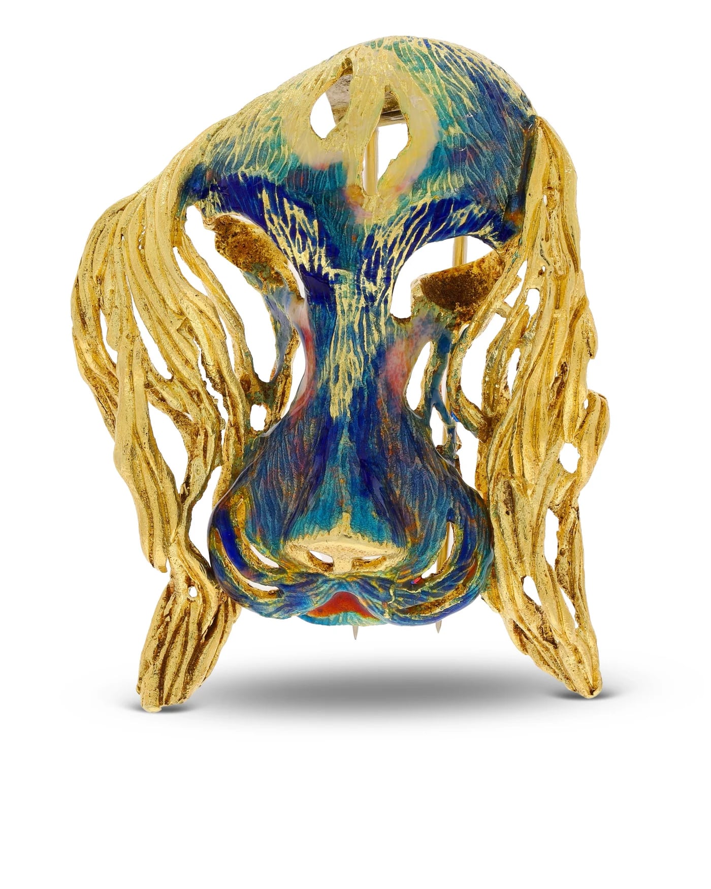 Brosche – Hundekopf Gelbgold, emailliert