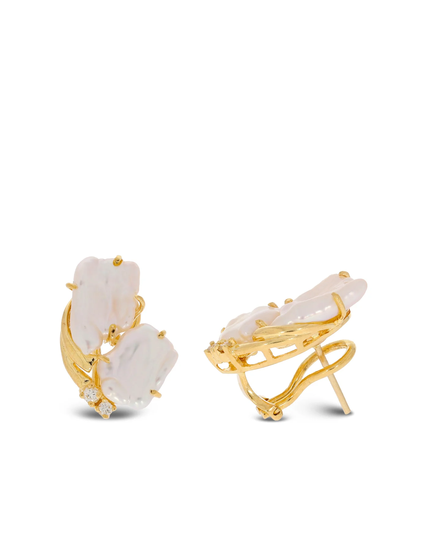 Ohrstecker – Gelbgold mit Biwaperlen und Diamanten