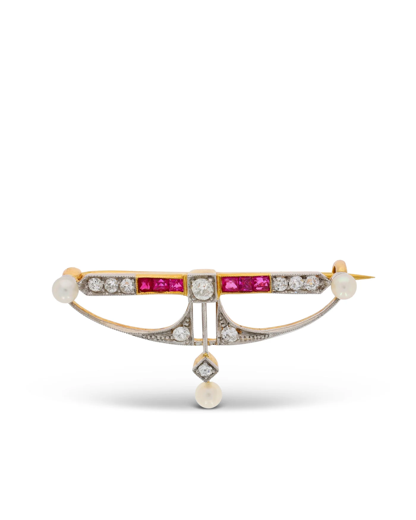 Art Deco Brosche - bicolor mit Rubinen, Perlen und Diamanten