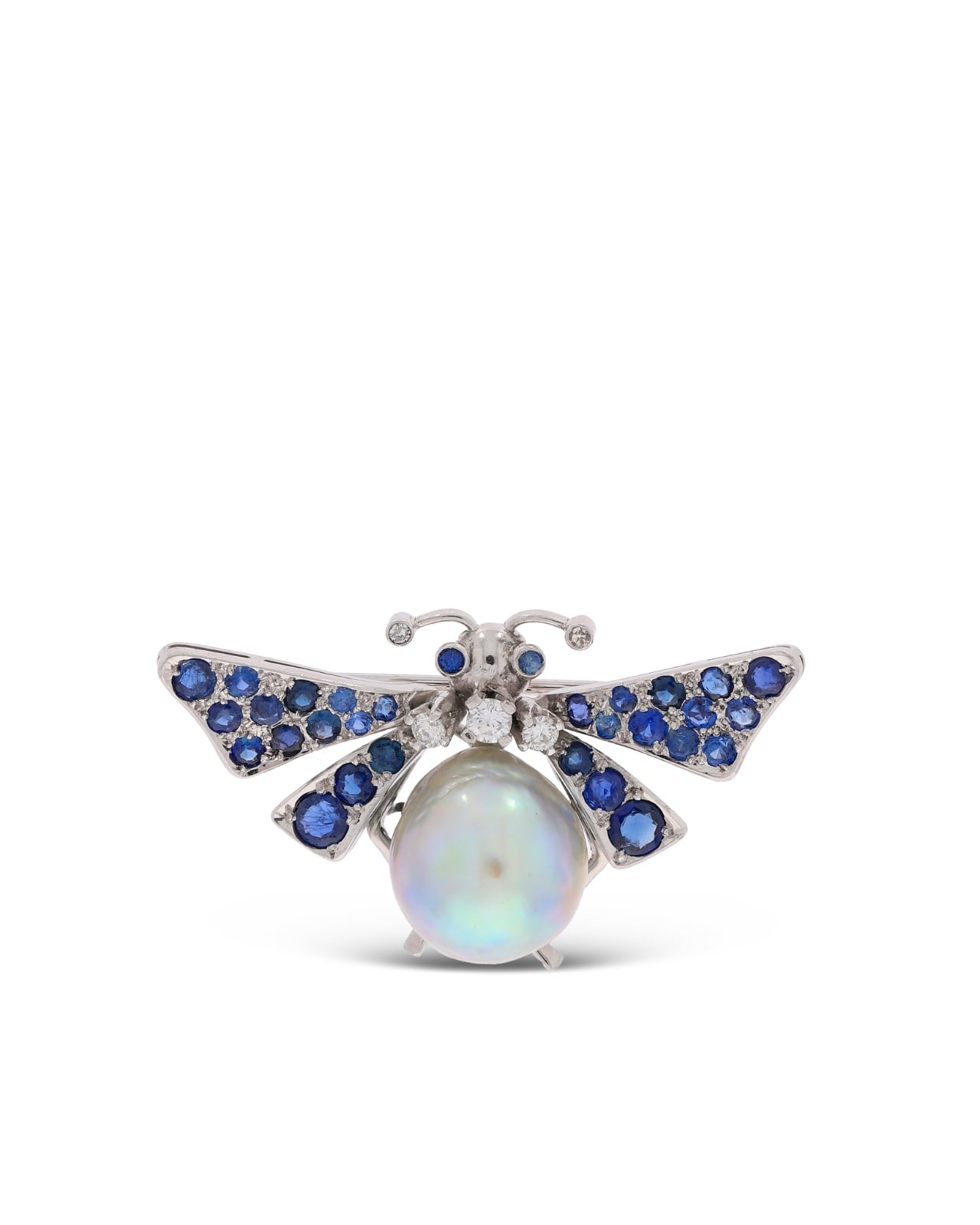 Brosche - "Schmetterling" Weissgold mit Barock-Perle, Saphiren und Diamanten