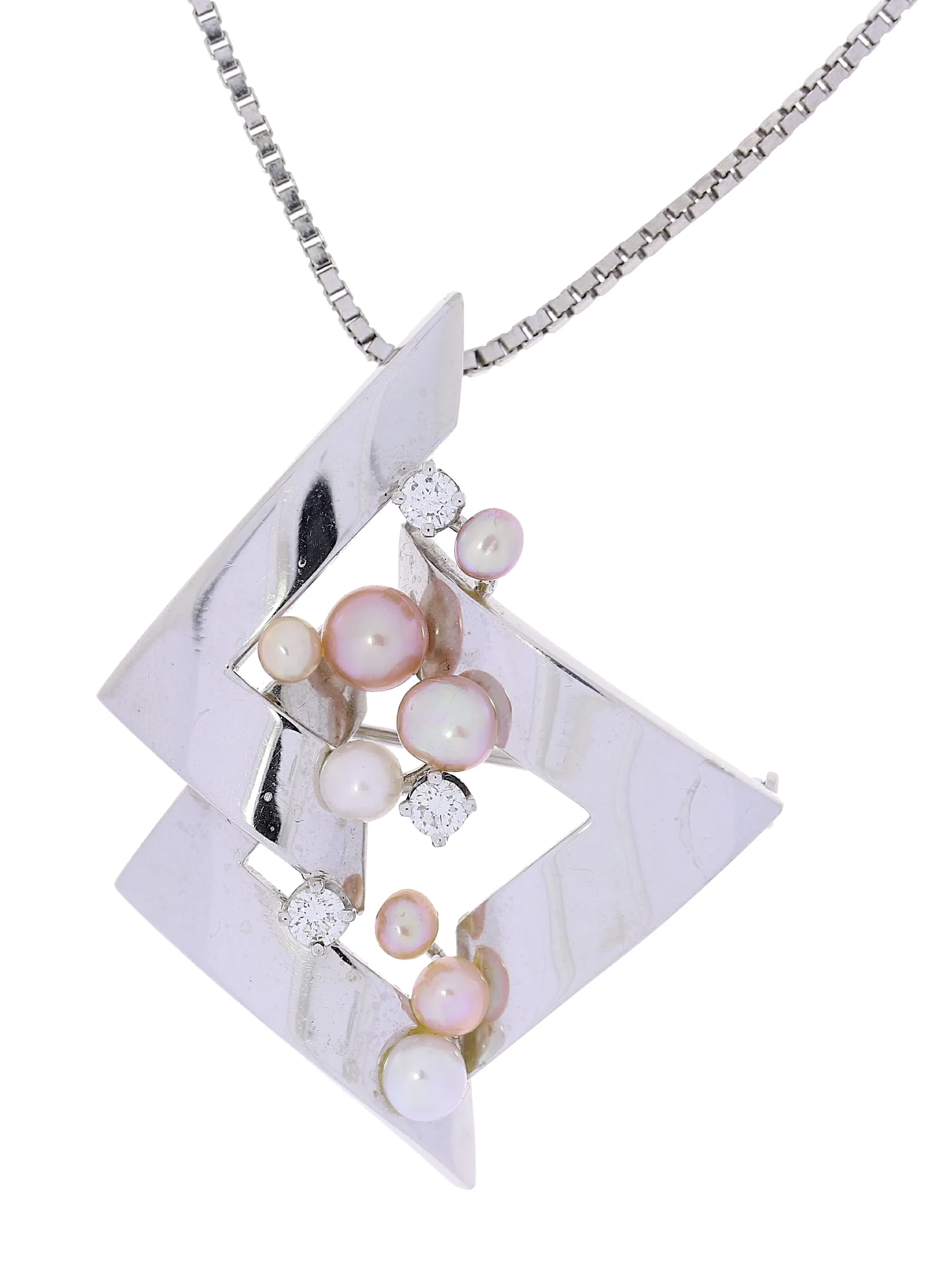 Halskette mit 2 in 1 Anhänger/ Brosche – Weissgold mit Perlen und Diamanten